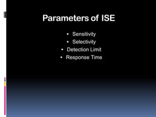 Parameters of ISE
       Sensitivity
       Selectivity
     Detection Limit
     Response Time
 