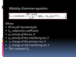 Nikolsky-Eisenman equation,



Where
 RT.ln10/F-Sensitivity(S)
 kxy-selectivity coefficient
 ax-activity of the ion, X
 ay-activity of the interfering ion, Y
 zx-charge of the primary ion, X
 zy-charge on the interfering ion, Y
 The ‘constant’-E0
 