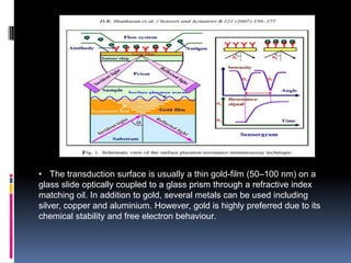 • The transduction surface is usually a thin gold-film (50–100 nm) on a
glass slide optically coupled to a glass prism through a refractive index
matching oil. In addition to gold, several metals can be used including
silver, copper and aluminium. However, gold is highly preferred due to its
chemical stability and free electron behaviour.
 