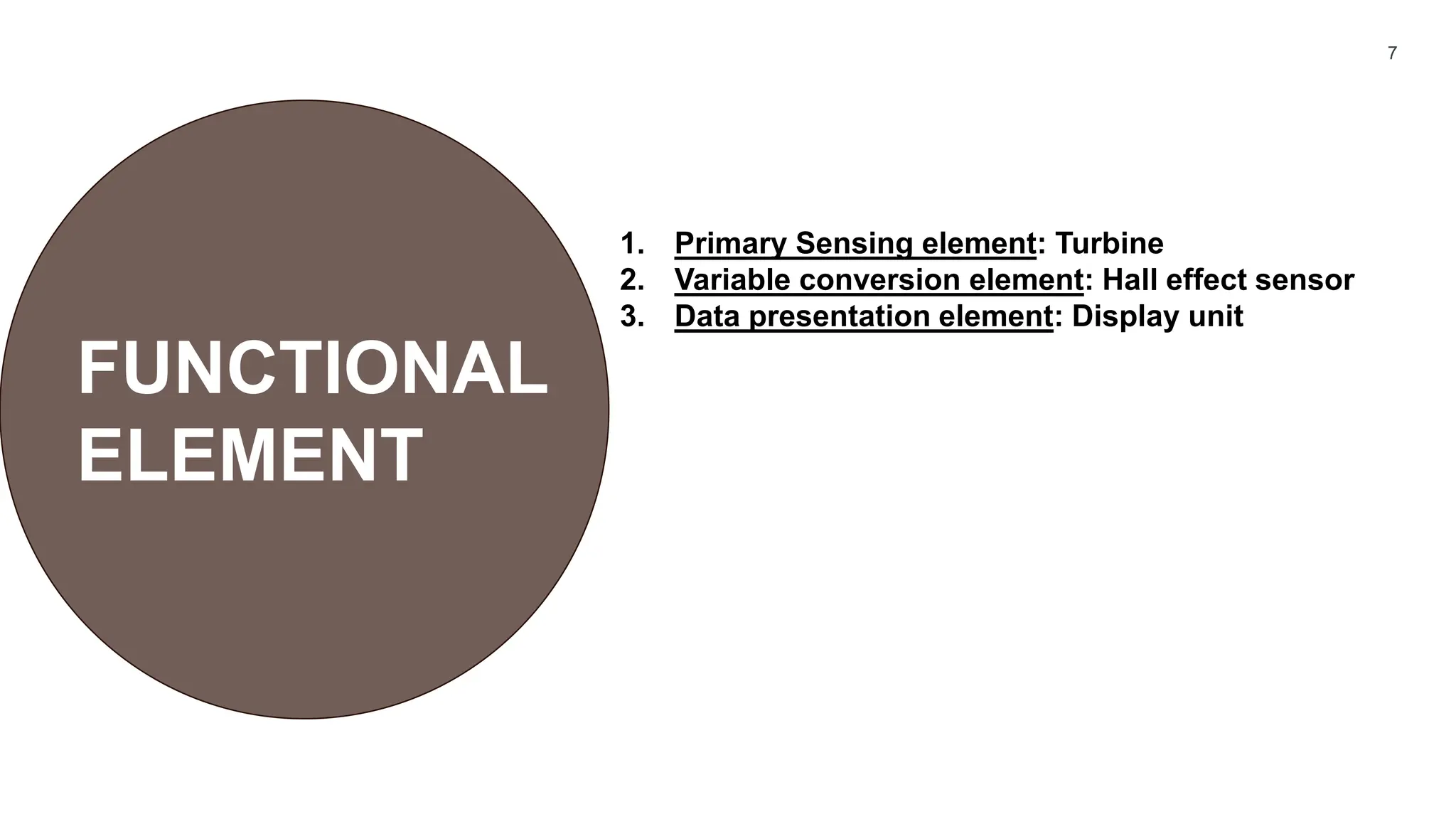 7
FUNCTIONAL
ELEMENT
1. Primary Sensing element: Turbine
2. Variable conversion element: Hall effect sensor
3. Data presentation element: Display unit
 