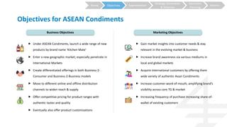 Strategy Generation
& Selection
Execution
Planning
MetricsSegmentationObjectivesBrand
Objectives for ASEAN Condiments
Business Objectives Marketing Objectives
 Under ASEAN Condiments, launch a wide range of new
products by brand name ‘Kitchen Mate’
 Enter a new geographic market; especially penetrate in
International Markets
 Create differentiated offerings in both Business-2-
Consumer and Business-2-Business models
 Move to different online and offline distribution
channels to widen reach & supply
 Offer competitive pricing for product ranges with
authentic tastes and quality
 Eventually also offer product customizations
 Gain market insights into customer needs & stay
relevant in the evolving market & business
 Increase brand awareness via various mediums in
local and global markets
 Acquire International customers by offering them
wide variety of authentic Asian Condiments
 Increase customer word-of-mouth, amplifying brand’s
visibility across core TG & market
 Increasing frequency of purchase increasing share-of-
wallet of existing customers
 