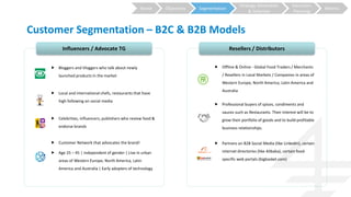 Strategy Generation
& Selection
Execution
Planning
MetricsSegmentationObjectivesBrand
Customer Segmentation – B2C & B2B Models
Influencers / Advocate TG
 Bloggers and Vloggers who talk about newly
launched products in the market
 Local and international chefs, restaurants that have
high following on social media
 Celebrities, influencers, publishers who review food &
endorse brands
 Customer Network that advocates the brand!
 Age 25 – 45 | independent of gender | Live in urban
areas of Western Europe, North America, Latin
America and Australia | Early adopters of technology
Resellers / Distributors
 Offline & Online - Global Food Traders / Merchants
/ Resellers in Local Markets / Companies in areas of
Western Europe, North America, Latin America and
Australia
 Professional buyers of spices, condiments and
sauces such as Restaurants. Their interest will be to
grow their portfolio of goods and to build profitable
business relationships.
 Partners on B2B Social Media (like LinkedIn), certain
internet directories (like Alibaba), certain food-
specific web portals (bigbasket.com)
 