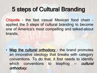 5 steps of Cultural Branding
Chipotle – the fast casual Mexican food chain –
applied the 5 steps of cultural branding to become
one of America’s most compelling and talked-about
brands,
• Map the cultural orthodoxy - the brand promotes
an innovative ideology that breaks with category
conventions. To do that, it first needs to identify
which conventions to leapfrog -- cultural
orthodoxy.
 