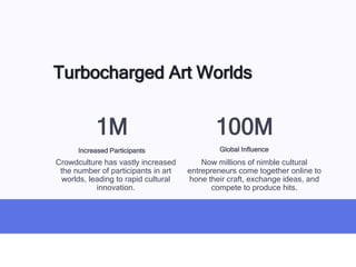 Turbocharged Art Worlds
1M
Increased Participants
Crowdculture has vastly increased
the number of participants in art
worlds, leading to rapid cultural
innovation.
100M
Global Influence
Now millions of nimble cultural
entrepreneurs come together online to
hone their craft, exchange ideas, and
compete to produce hits.
 