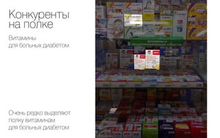 Конкуренты
на полке
Витамины
для больных диабетом




Очень редко выделяют
полку витаминам
для больных диабетом
 