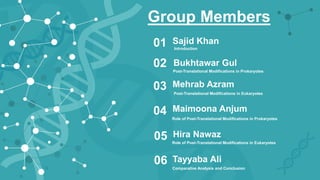 Group Members
Introduction
Sajid Khan
01
Post-Translational Modifications in Prokaryotes
Bukhtawar Gul
02
Post-Translational Modifications in Eukaryotes
Mehrab Azram
03
04
05
06
Maimoona Anjum
Role of Post-Translational Modifications in Prokaryotes
Hira Nawaz
Tayyaba Ali
Role of Post-Translational Modifications in Eukaryotes
Comparative Analysis and Conclusion
 