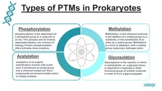 Types of PTMs in Prokaryotes
phosphorylation is the attachment of
a phosphate group to a molecule or
an ion. This process and its inverse,
dephosphorylation, are common in
biology. Protein phosphorylation
often activates many enzymes.
Phosphorylation Methylation
Methylation, in the chemical sciences,
is the addition of a methyl group on a
substrate, or the substitution of an
atom by a methyl group. Methylation
is a form of alkylation, with a methyl
group replacing a hydrogen atom.
Acetylation Glycosylation
acetylation is an organic
esterification reaction with acetic
acid. It introduces an acetyl group
into a chemical compound. Such
compounds are termed acetate esters
or simply acetates.
Glycosylation is the reaction in which
a carbohydrate, i.e. a glycosyl donor,
is attached to a hydroxyl or other
functional group of another molecule
in order to form a glycoconjugate.
 