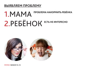 ГРУППА 7 ВИЗКОМ 13—15
ВЫЯВЛЯЕМ ПРОБЛЕМУ
1.МАМА
2.РЕБЁНОК ЕСТЬ НЕ ИНТЕРЕСНО
ПРОБЛЕМА НАКОРМИТЬ РЕБЁНКА
 