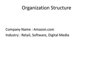 Organization Structure


Company Name : Amazon.com
Industry : Retail, Software, Digital Media
 