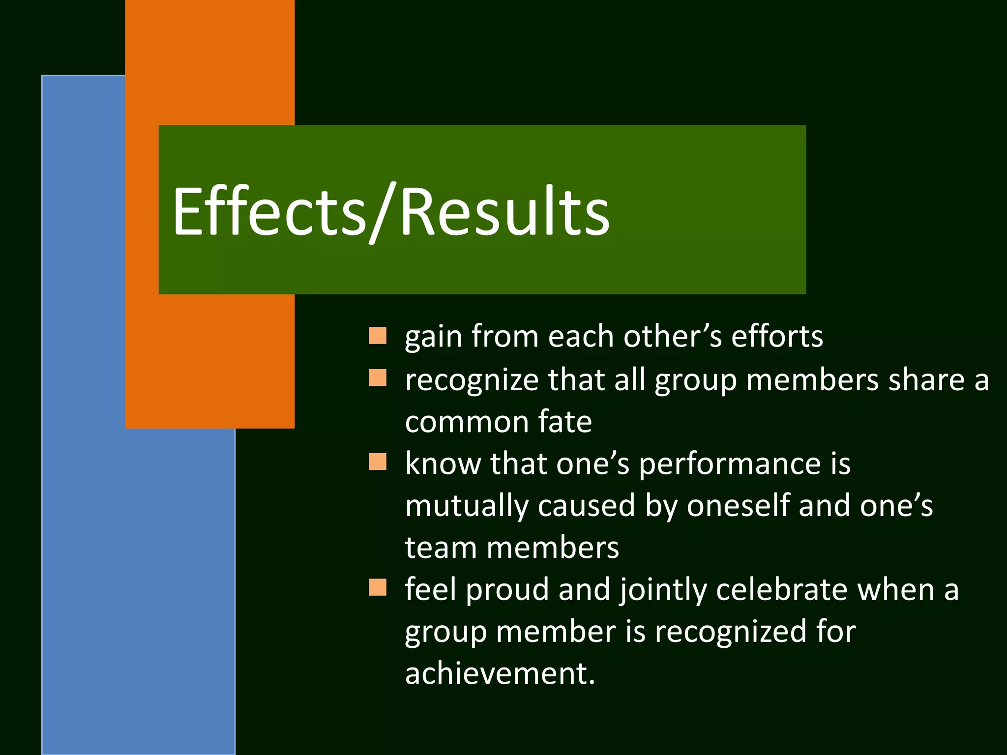 Effects/Results
       gain from each other’s efforts
       recognize that all group members share a
       common fate
       know that one’s performance is
       mutually caused by oneself and one’s
       team members
       feel proud and jointly celebrate when a
       group member is recognized for
       achievement.
 