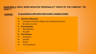QUESTION 3- WHAT WERE NEGATIVE PERSONALITY TRAITS OF THE COMPANY “DU
PONT”?
In accordance with dark traid model ( negative traits)
❖ Machiavellianism
➔ Corrupt( involved in illegal and unethical practices)
➔ By hook or crook
❖ Psychopathy
➔ Manipulators
➔ No guilt
❖ Narcissism
➔ Arrogance
➔ Amoral
➔ Brutal
➔ Unsympathetic
ANSWER-
 