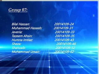 Group 07:
Bilal Hassan: 20014109-24
Muhammad Haseeb: 20014109-31
Javeria: 20014109-33
Tazeem Ahsin: 20014109-35
Humna Imtiaz: 20014109-43
Sheza: 20014109-46
Shahzaib: 20014109-52
Muhammad Umair: 20014109-62
 