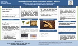 Ginseng Tablet for The Treatment of Diabetes Mellitus
Mohamed Mortada , Mohamed Omar, Hossam Mohamed, Ebraam Hanaa , Abdelrahman Omar,
Yousef Mohamed, Govany Ayad, Hassan Osama, Ahmed Amer, Ahmed Marzouk
Prof Dr/ Abdelsalam Ibrahem - Dr/ Ahmed Ismail Sabry
Ass. Lecturer/ Shimaa M. Abdelgawad
Under supervision of 1-International Diabetes Federation . IDF Diabetes Atlas. 9th ed. IDF; Brussels, Belgium: 2019
.2-Warren R.E. The stepwise approach to the management of type 2 diabetes. Diabetes Res. Clin. Pr. 2004;65S:S3–S8. doi: 10.1016/j.diabres.2004.07.002.
3-Che J.Y., Lu D. Rethink Of Diabetes Treatment and Drug Development. Cell Dev. Biol. 2014;3:e125.
4-Hong B.N., Ji M.G., Kang T.H. The efficacy of red ginseng in type 1 and type 2 diabetes in animals. Evid. Based Complement. Altern. Med.
2013;2013:593181. doi: 10.1155/2013/593181.
Origin: Panax ginseng
family Araliacea.
Also called Ginnsuu in some regions of
China and other parts of Asia.
References
Name and origin
1. In a mixer, mix lactose starch with
the ginseng powder for 5 minutes.
2. Add the magnesium stearate and mix
for 5 minutes more.
3. Compress the powder with a 13 mm
diameter concave punch .
Uses of plant
Ginseng contains diversified components,
including saponins, polysaccharides,
polyacetylenes, phenols, and alkaloids.
Ginseng saponins, known as ginsenosides,
are an important class of natural
triterpene saponins, which are thought to
be responsible for the anti-diabetic effect in
ginseng.
Active constituents of plant
• Diabetes by increase insulin production, enhance
blood sugar uptake in cells, and provide
antioxidant protection. Improve erectile
dysfunction by decreasing oxidative stress in
tissues and enhancing blood flow in penile
muscles.
• Boost the immune system, increase levels of
immune cells.
• Fight tiredness and increase energy levels by
lowering oxidative damage and increasing energy
production in cells.
• Benefit brain function by improving memory and
suppress stress.
Indication of the product
Dose of the product
Ginseng contains a natural
pharmacological component as panaxosides
and ginsenosides.
Ginsenosides might be trusted source to
stabilize the hormone glucagon and insulin
to maintain levels of glucose. As such, it
may also help improve or delay potential
complications of diabetes.
Ginseng could help manage diabetes in
several different ways that include:
• Regulating insulin secretion .
• Regulating uptake of glucose.
• Regulating inflammation.
• Lessening effects of free radicals.
Procedure of preparation
• Ginseng powder
• Magnesium stearate
• Lactose starch
The root is yellowish-white and wrinkled
externally, and within consists usually of a
hard central portion, surrounded by a soft
whitish bark.
Microscopical features :
Rosettes of ca oxalate. Yellow secretion from a
resin canal.
Macroscopical & microscopical features
Photo of prepared Product
Plant photos
Constituent of the product
Nervousness, insomnia, changes in blood
pressure, breast pain, vaginal bleeding,
vomiting, diarrhea, and mania.
Side effects of the products
 Not used with any auto immune condition.
 Used with coution in case of heart disease.
 Panax gingseng has been found to cause
birth defects in animals , should not be
used in pregnancy.
Precaution & contraindications
Fayoum university
Faculty of Pharmacy
Pharmacognosy department
Adult recommended dose is 3 tablets per day.
Not recommended for children.
 