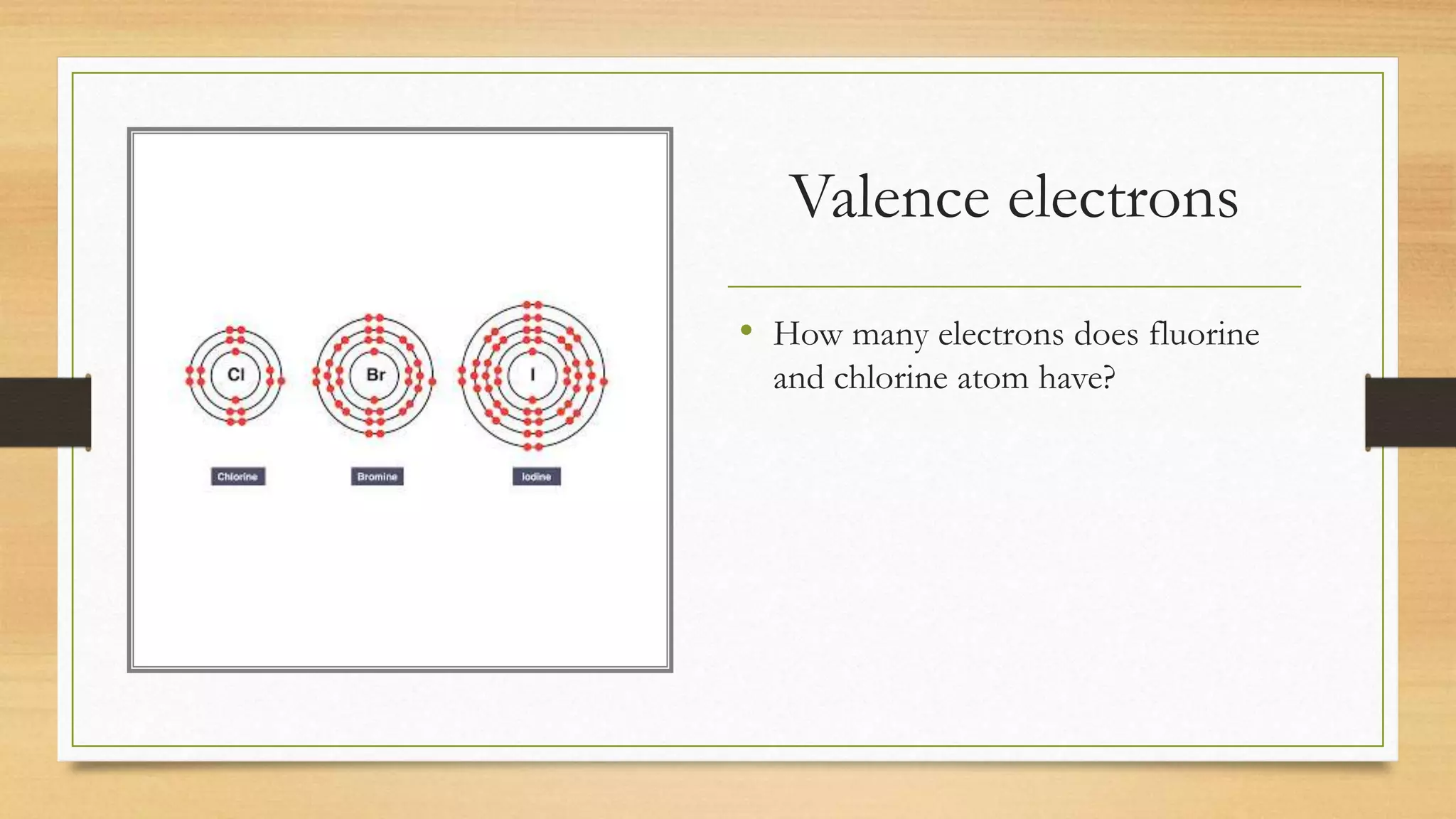 Valence electrons
• How many electrons does fluorine
and chlorine atom have?
 