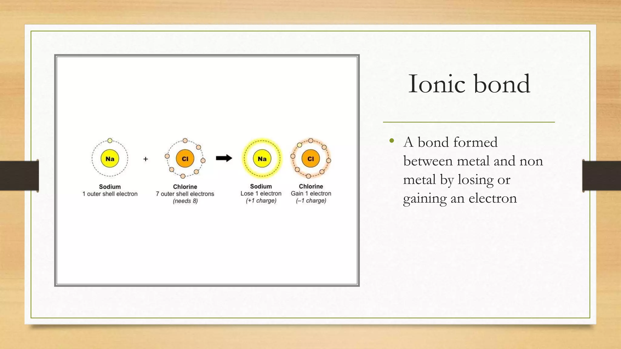 Ionic bond
• A bond formed
between metal and non
metal by losing or
gaining an electron
 