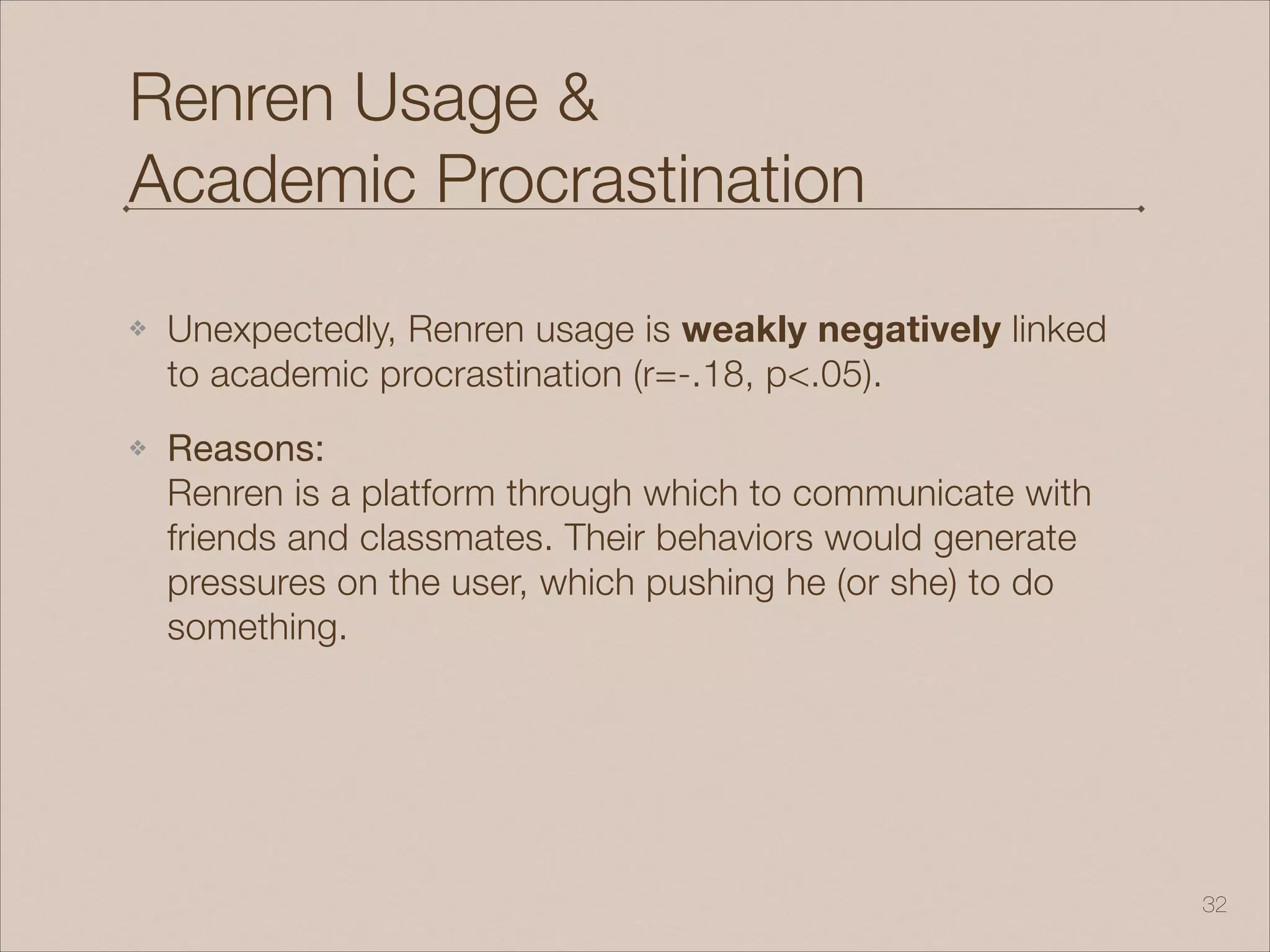Renren Usage &
Academic Procrastination
❖ Unexpectedly, Renren usage is weakly negatively linked
to academic procrastination (r=-.18, p<.05).
❖ Reasons:  
Renren is a platform through which to communicate with
friends and classmates. Their behaviors would generate
pressures on the user, which pushing he (or she) to do
something.
!32
 