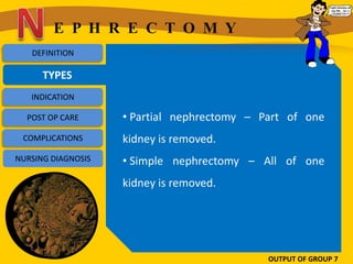 E P H R E C T O M Y
   DEFINITION

      TYPES
   INDICATION

  POST OP CARE      • Partial nephrectomy – Part of one
 COM...
