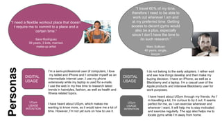 “I need a flexible workout place that doesn’
t require me to commit to a place and a
certain time.“

Personas

Sara Rodriguez
39 years, 3 kids, married,
make-up artist

DIGITAL
USAGE

UGym
USAGE
INTENTION

I’m a semi-professional user of computers, I love
my tablet and iPhone and I consider myself as an
intermediate internet user. I use my phone
extensively while my laptop is used for e-mails.
I use the web in my free time to research latest
trends in hairstyles, fashion, as well as health and
fitness related topics.
I have heard about UGym, which makes me
wanting to know more, as it would save me a lot of
time. However, I’m not yet sure on how to use it.

“I travel 60% of my time,
therefore I need to be able to
work out wherever I am and
at my preferred time. Getting
access to decent gyms would
also be a plus, especially
since I don’t have the time to
do such research.“
Marc Sullivan
40 years, single,
lawyer

DIGITAL
USAGE

UGym
USAGE
INTENTION

I do not belong to the early adopters. I rather wait
and see how things develop and then make my
buying decision. I have an iPhone, as well as a
Blackberry and a laptop. I’m a casual user of the
Apple products and intensive Blackberry user for
work purposes.
I have heard about UGym through my friends. As I’
m travelling a lot, I’m curious to try it out. It seems
perfect for me, as I can exercise whenever and
wherever I want. It will help me to stay motivated
and exercise regularly. The app also helps me to
locate gyms while I’m away from home.

 
