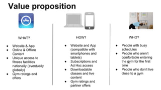Value proposition

●
●
●

●

Website & App
Online & Offline
Content
Unique access to
fitness facilities
nationally (eventually
globally)
Gym ratings and
offers

WHO?

HOW?

WHAT?
●

●
●

●

Website and App
(compatible with
smartphones and
tablets)
Subscriptions and
Ad Hoc access
Downloadable
classes and live
content
Gym ratings and
partner offers

●
●

●

People with busy
schedules
People who aren’t
comfortable entering
the gym for the first
time
People who don’t live
close to a gym

 