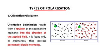 TYPES OF POLARIZATION
3. Orientation Polarization
Orientation polarization results
from a rotation of the permanent
moments into the direction of
the applied field. It is found only
in substances that possess
permanent dipole moments.
 