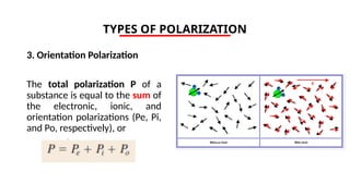 TYPES OF POLARIZATION
3. Orientation Polarization
The total polarization P of a
substance is equal to the sum of
the electronic, ionic, and
orientation polarizations (Pe, Pi,
and Po, respectively), or
 