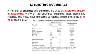 DIELECTRIC MATERIALS
A number of ceramics and polymers are used as insulators and/or
in capacitors. Many of the ceramics, including glass, porcelain,
steatite, and mica, have dielectric constants within the range of 6
to 10 (Table 11.2).
 