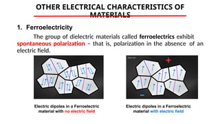 OTHER ELECTRICAL CHARACTERISTICS OF
MATERIALS
1. Ferroelectricity
The group of dielectric materials called ferroelectrics exhibit
spontaneous polarization – that is, polarization in the absence of an
electric field.
Electric dipoles in a Ferroelectric
material with no electric field
Electric dipoles in a Ferroelectric
material with electric field
 