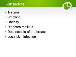 Risk factors
• Trauma
• Smoking
• Obesity
• Diabetes mellitus
• Duct ectasia of the breast
• Local skin infection
 