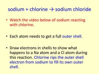 sodium + chlorine → sodium chloride
• Watch the video below of sodium reacting
  with chlorine.

• Each atom needs to get a full outer shell.

• Draw electrons in shells to show what
  happens to a Na atom and a Cl atom during
  this reaction. Chlorine rips the outer shell
  electron from sodium to fill its own outer
  shell.
 