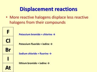 Displacement reactions
• More reactive halogens displace less reactive
  halogens from their compounds

F      Potassium bromide + chlorine →

Cl     Potassium fluoride + iodine →

Br     Sodium chloride + fluorine →

I
       lithium bromide + iodine →

At
 