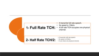 1- Full Rate TCH:
2- Half Rate TCH/2:
• It transmits half rate speech
• Its speed is 6.5kb/s.
• It can share one physical channel.
• It transmits full rate speech.
• Its speed is 13kb/s.
• A full rate TCH occupies one physical
channel.
 