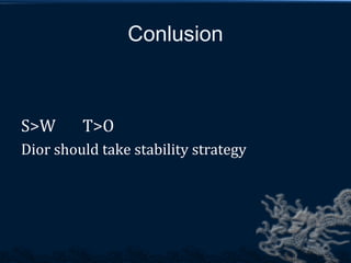 Conlusion



S>W      T>O
Dior should take stability strategy
 