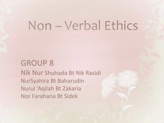 GROUP 8
Nik Nur Shuhada Bt Nik Rasidi
NurSyahira Bt Baharudin
Nurul ‘Aqilah Bt Zakaria
Nor Farahana Bt Sidek
 