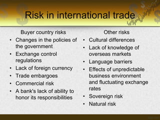 Risk in international trade
•
•
•
•
•
•

Buyer country risks
Changes in the policies of
the government
Exchange control
regulations
Lack of foreign currency
Trade embargoes
Commercial risk
A bank's lack of ability to
honor its responsibilities

•
•

•
•

•
•

Other risks
Cultural differences
Lack of knowledge of
overseas markets
Language barriers
Effects of unpredictable
business environment
and fluctuating exchange
rates
Sovereign risk
Natural risk

 