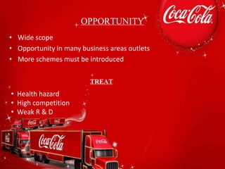 OPPORTUNITY
• Wide scope
• Opportunity in many business areas outlets
• More schemes must be introduced
TREAT
• Health hazard
• High competition
• Weak R & D
 