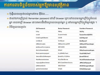 6/25
កុាំបផញីរបលខសម្ងា ត្់របស់អ្មកបៅតាម្ អ្ុីណម្៉ាល......
ជាសវាងការបរបីរាស់ Remember password បៅបលី Browser ​បរពាេះបៅបពលម្ងនអ្នកបរបីកុាំពយូទ័ររបស់
អ្នក បពលបគបរបី Browser បនេះបគអាច្ដឹងនិងលួច្បលខសម្ងា ត្់អ្នក ឬ បៅបពលអ្នកបរបីកុាំពយូទ័រអ្មកបផេង ។
ពិនិត្យបលខសម្ងា ត្់៖
ការការពារទិន្នន្័យរបស់អ្នកឪ្យមាន្សុវត្ថិភាព
 