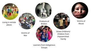 Living in remote
places
Victims of
War
Products of
Broken
Family
Street Childrens/
Children from
impoverished
Family
Learners from Indigenous
Groups
Victims of
Abuse
 