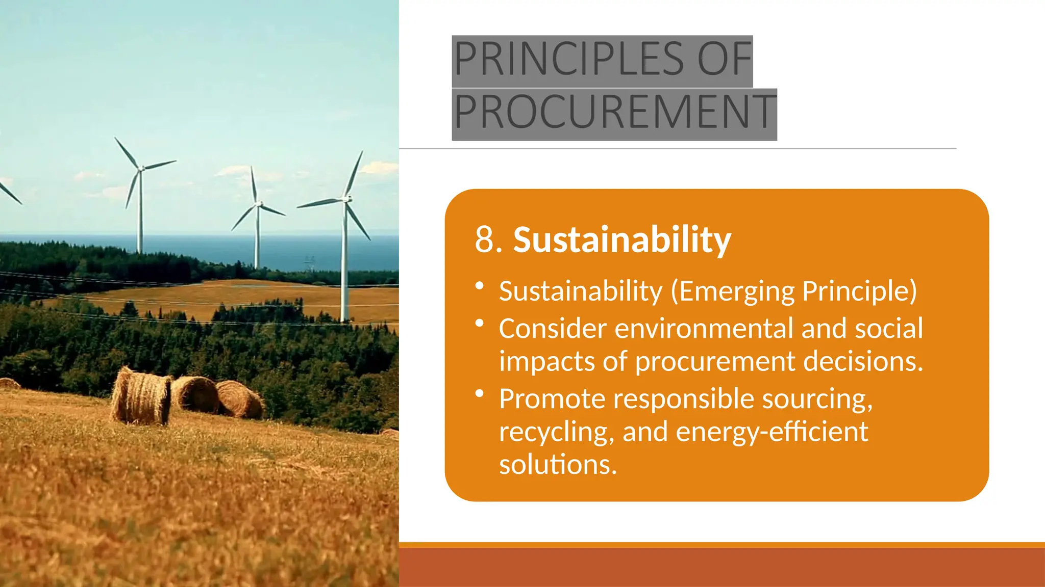 PRINCIPLES OF
PROCUREMENT
8. Sustainability
• Sustainability (Emerging Principle)
• Consider environmental and social
impacts of procurement decisions.
• Promote responsible sourcing,
recycling, and energy-efficient
solutions.
 