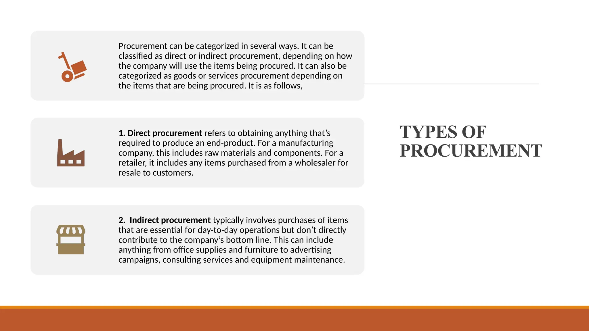 TYPES OF
PROCUREMENT
Procurement can be categorized in several ways. It can be
classified as direct or indirect procurement, depending on how
the company will use the items being procured. It can also be
categorized as goods or services procurement depending on
the items that are being procured. It is as follows,
1. Direct procurement refers to obtaining anything that’s
required to produce an end-product. For a manufacturing
company, this includes raw materials and components. For a
retailer, it includes any items purchased from a wholesaler for
resale to customers.
2. Indirect procurement typically involves purchases of items
that are essential for day-to-day operations but don’t directly
contribute to the company’s bottom line. This can include
anything from office supplies and furniture to advertising
campaigns, consulting services and equipment maintenance.
 