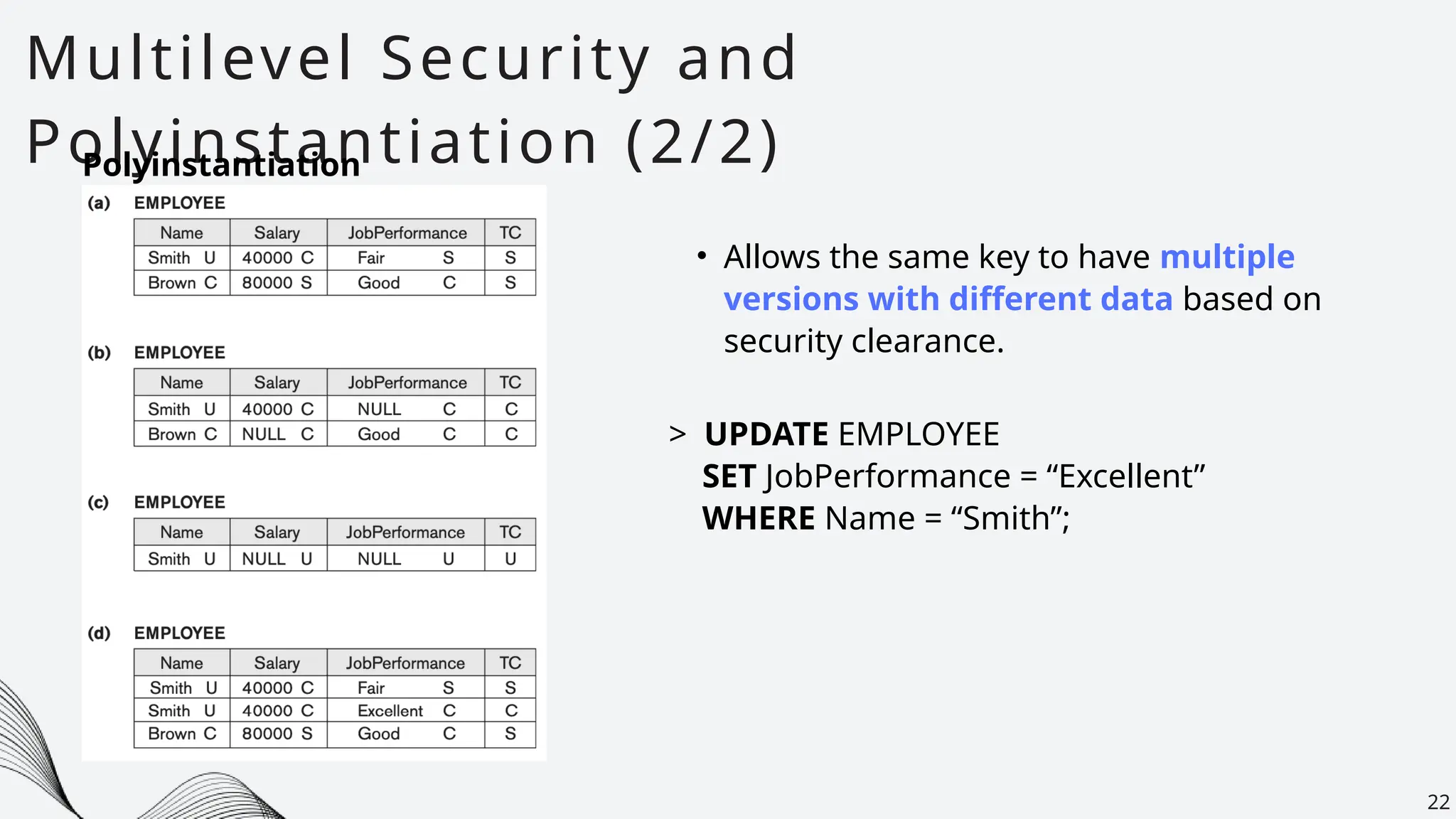 Multilevel Security and
Polyinstantiation (2/2)
22
Polyinstantiation
• Allows the same key to have multiple
versions with different data based on
security clearance.
> UPDATE EMPLOYEE
SET JobPerformance = “Excellent”
WHERE Name = “Smith”;
 