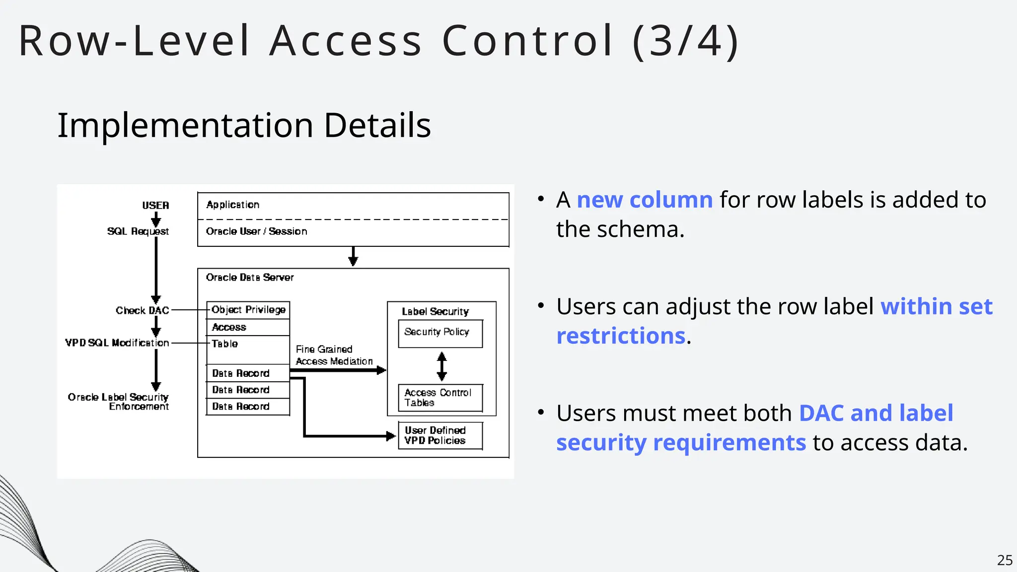 Row-Level Access Control (3/4)
25
• A new column for row labels is added to
the schema.
Implementation Details
• Users can adjust the row label within set
restrictions.
• Users must meet both DAC and label
security requirements to access data.
 