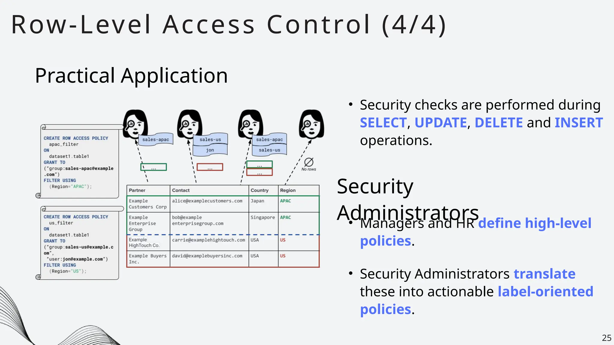 Row-Level Access Control (4/4)
25
• Security checks are performed during
SELECT, UPDATE, DELETE and INSERT
operations.
Practical Application
Security
Administrators
• Managers and HR define high-level
policies.
• Security Administrators translate
these into actionable label-oriented
policies.
 