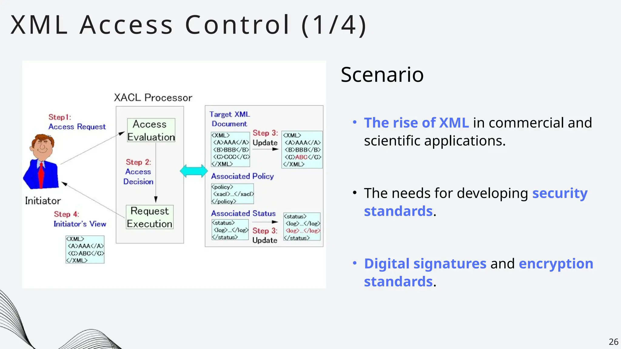 XML Access Control (1/4)
26
• The rise of XML in commercial and
scientific applications.
Scenario
• The needs for developing security
standards.
• Digital signatures and encryption
standards.
 
