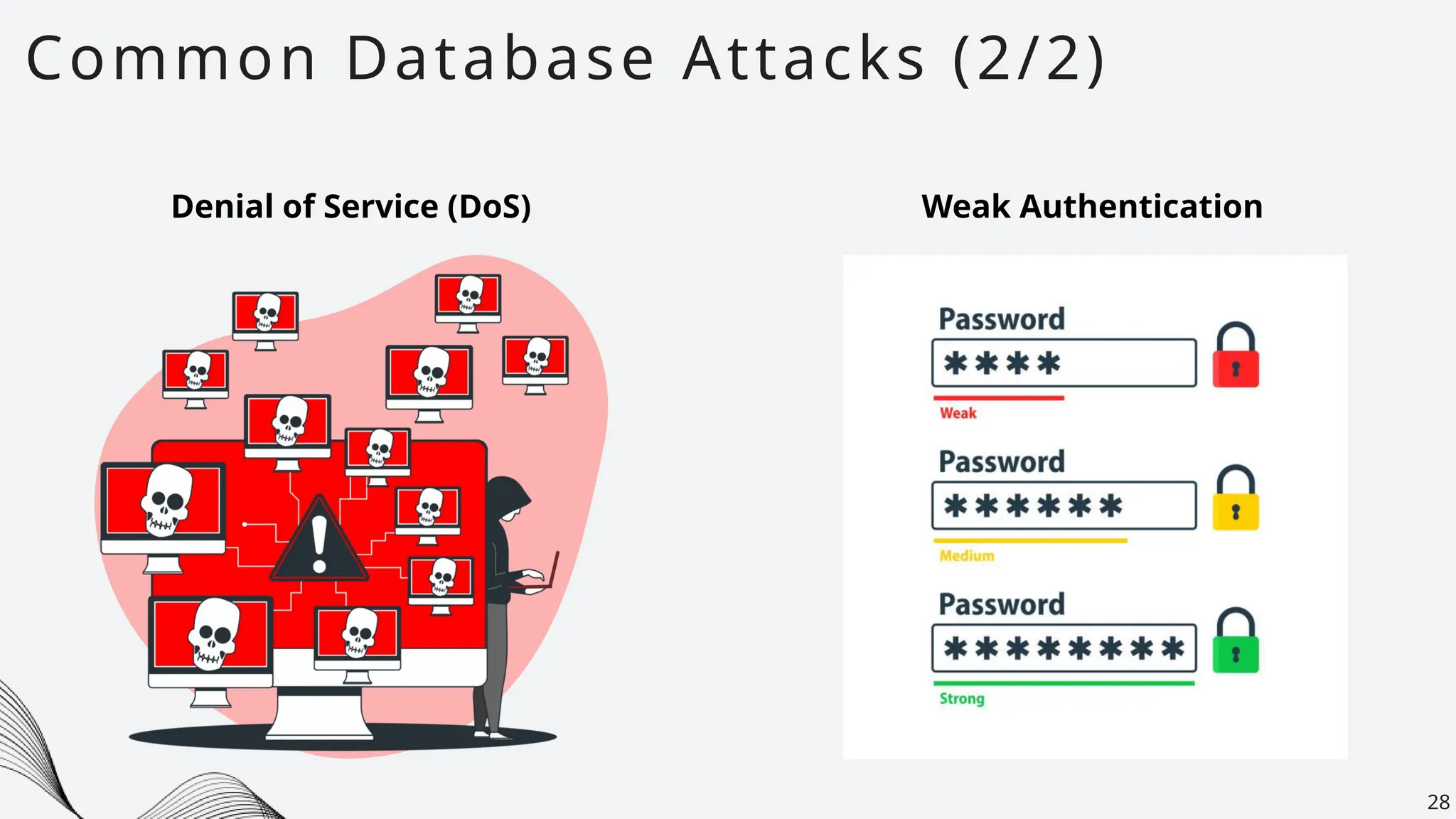 Common Database Attacks (2/2)
28
Denial of Service (DoS) Weak Authentication
 