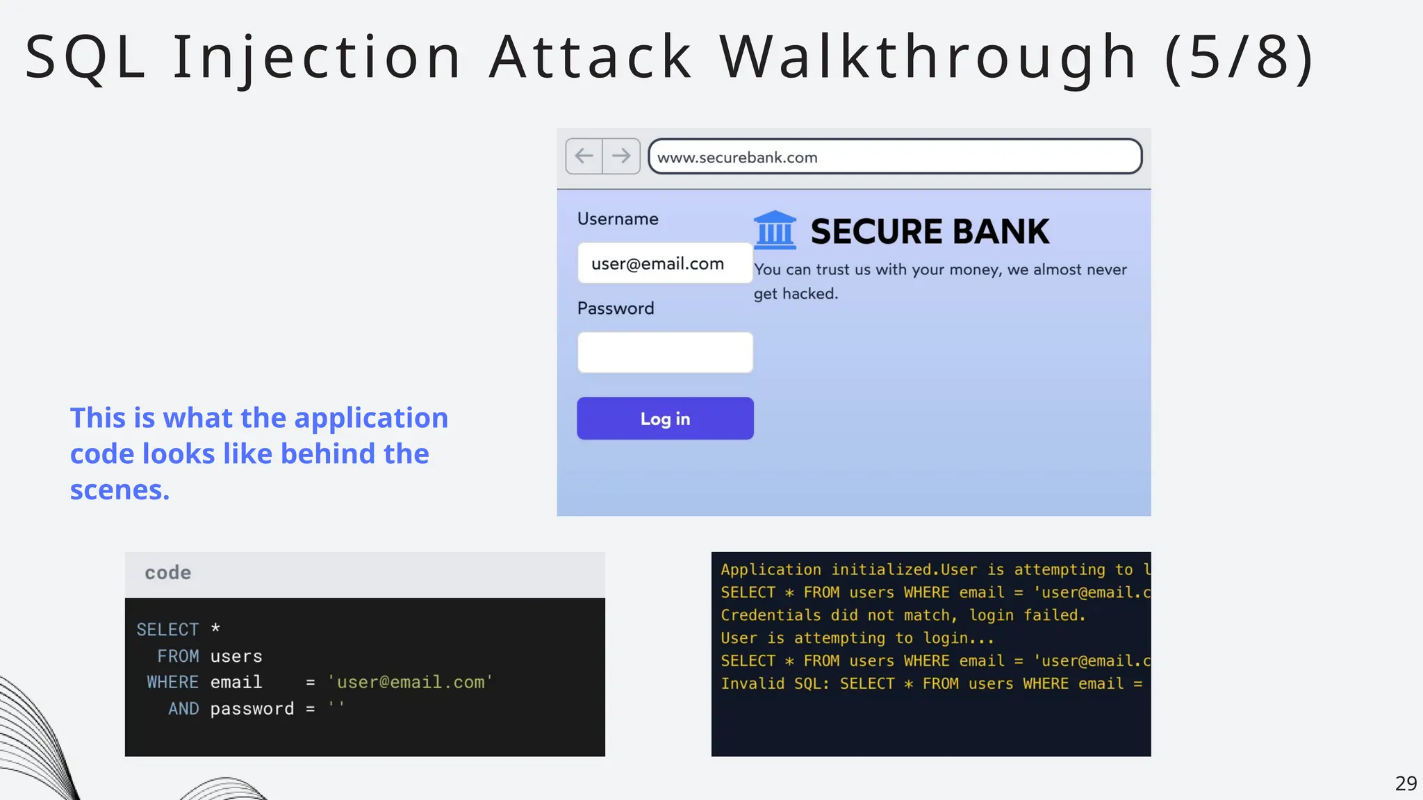 SQL Injection Attack Walkthrough (5/8)
29
This is what the application
code looks like behind the
scenes.
 