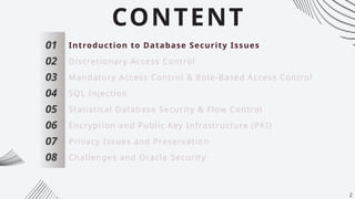 CONTENT
01
02
03
04
05
06
07
Introduction to Database Security Issues
Discretionary Access Control
Mandatory Access Control & Role-Based Access Control
SQL Injection
Statistical Database Security & Flow Control
Encryption and Public Key Infrastructure (PKI)
Privacy Issues and Preservation
08 Challenges and Oracle Security
2
 