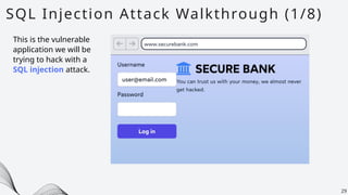 SQL Injection Attack Walkthrough (1/8)
29
This is the vulnerable
application we will be
trying to hack with a
SQL injection attack.
 