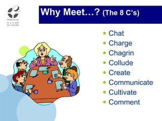 Why Meet…?  (The 8 C’s) Chat Charge Chagrin Collude Create Communicate Cultivate Comment 