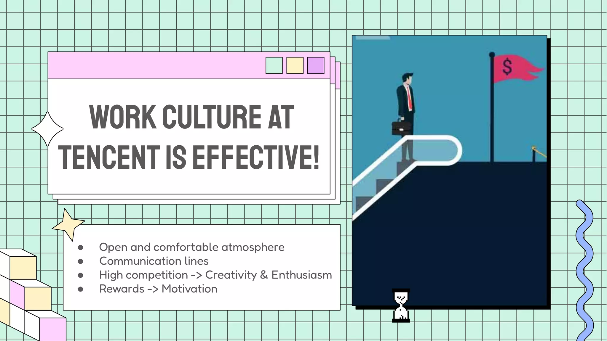 ● Open and comfortable atmosphere
● Communication lines
● High competition -> Creativity & Enthusiasm
● Rewards -> Motivation
workculture at
TencentiseffectivE!
 